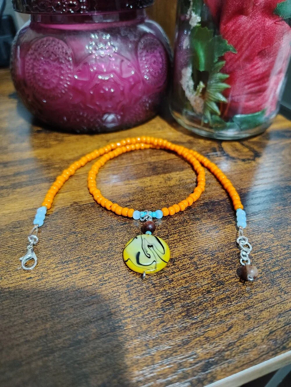 Orange Beaded Necklace with Yellow Pendant - Women's Handmade Necklace